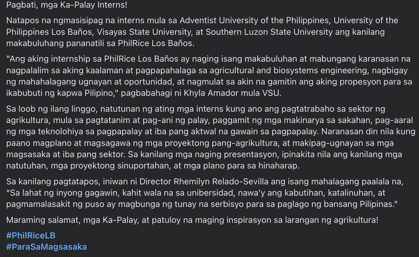 Pagbati, mga Ka-Palay Interns