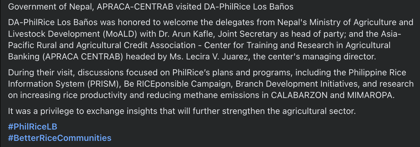 Government of Nepal, APRACA-CENTRAB visited DA-PhilRice Los Baños