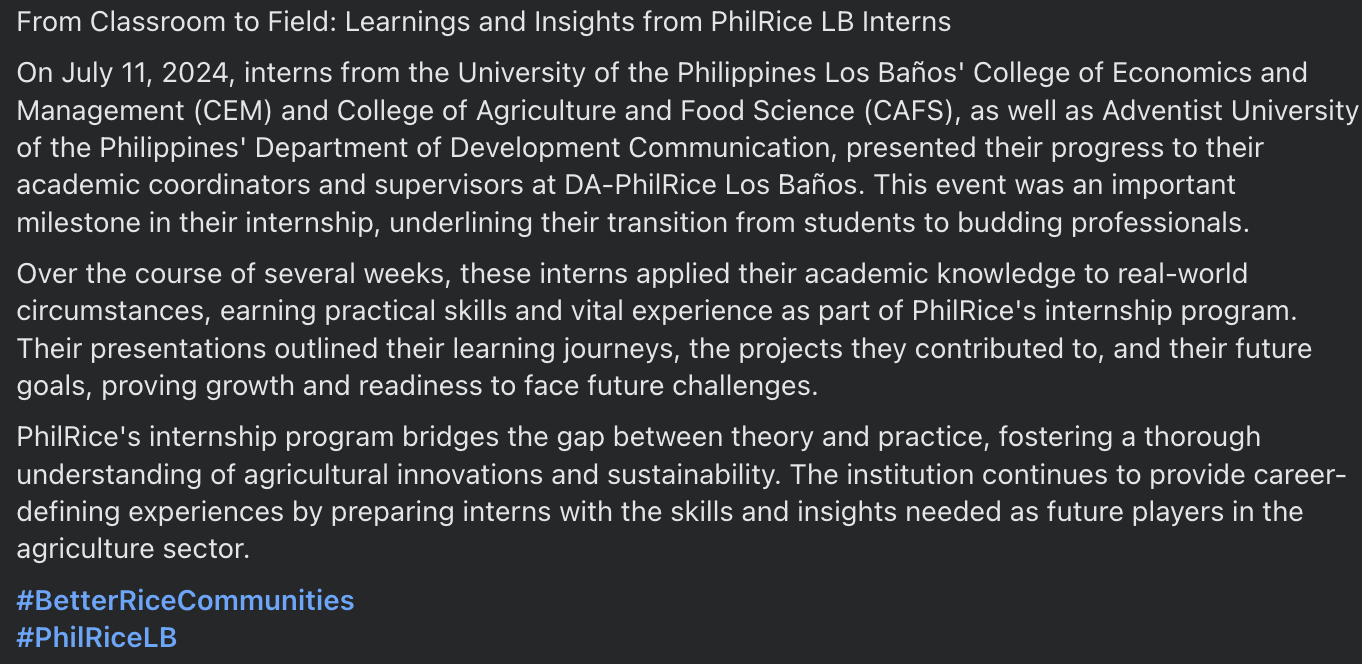 From Classroom to Field: Learnings and Insights from PhilRice LB Interns